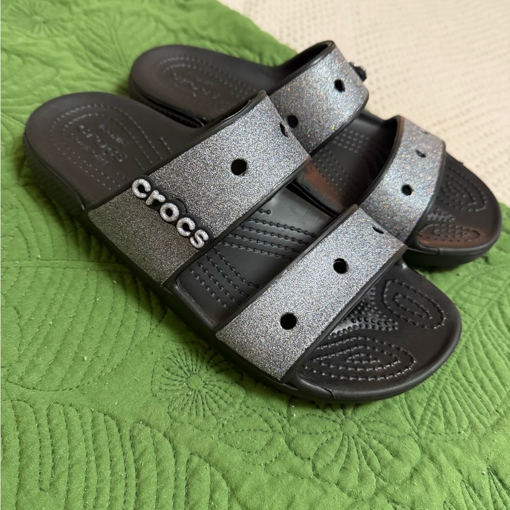 CROCS Glittery Black and Silver Slides